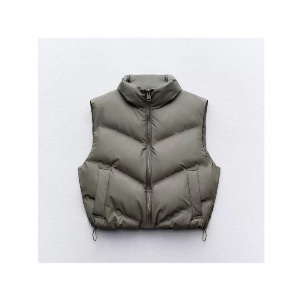 Zara Cropped Puffer Vest in Olive Green Size XL NWOT